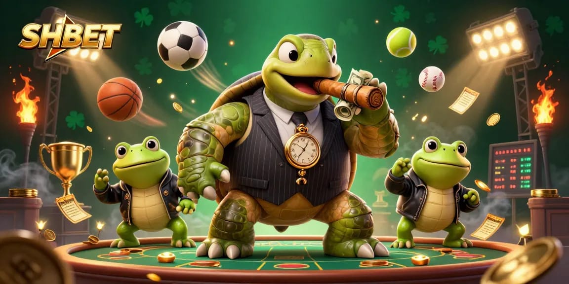 Experience winning with SHBET featuring a 3D snapping turtle and bullfrog enforcers among casino elements.