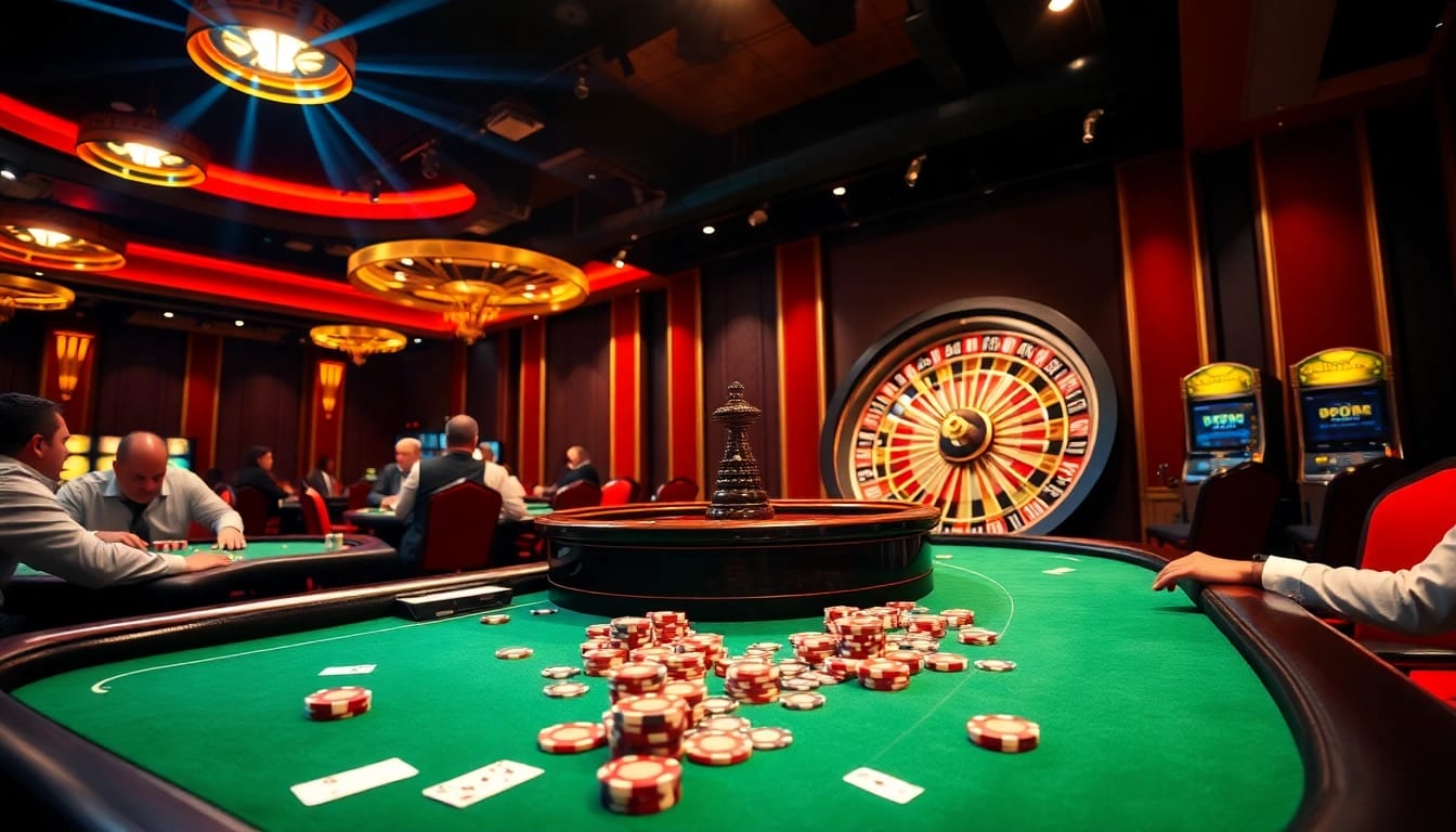 Exciting game bài đổi thưởng scene with poker tables and roulette wheel in a luxurious casino environment.