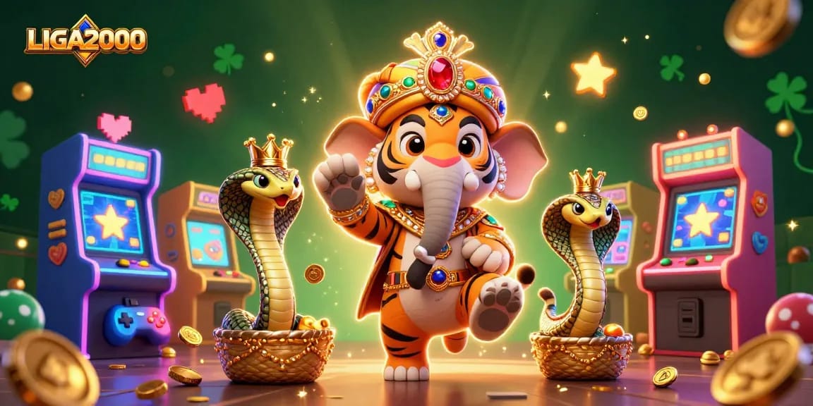 LIGA2000 menampilkan adegan kasino 3D yang hidup dengan harimau maharaja, elemen bertatahkan permata, dan ikon permainan bergaya arcade.