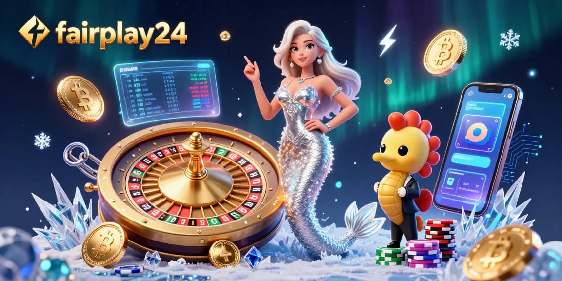 Bet dynamically with fairplay24 in a vibrant casino scene featuring roulette and crypto assets.