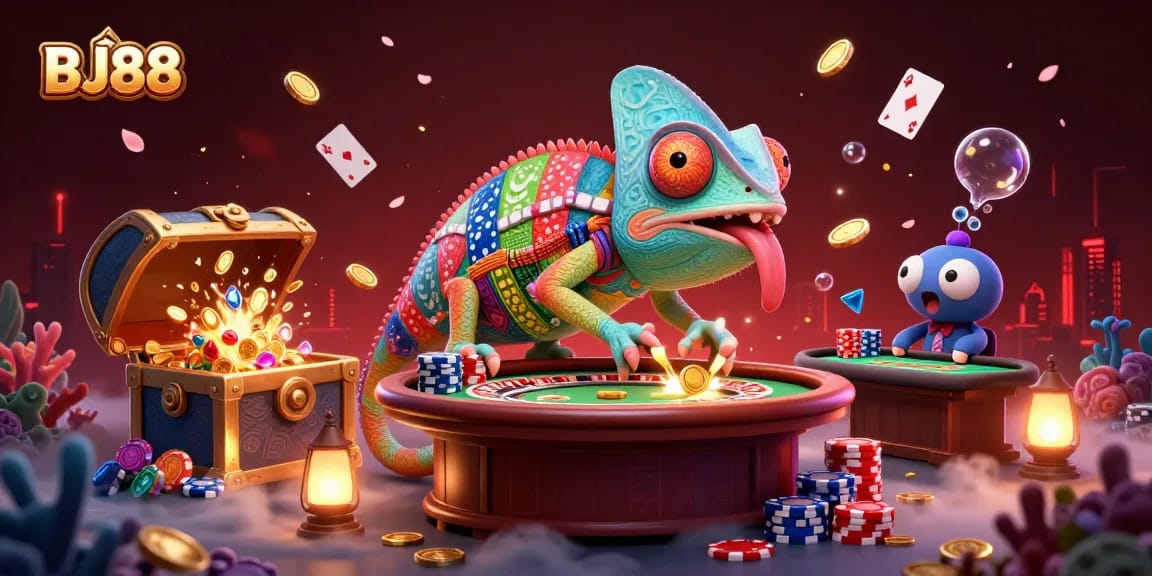Join the excitement at BJ88 Casino featuring a vibrant chameleon owner and dynamic gaming elements.