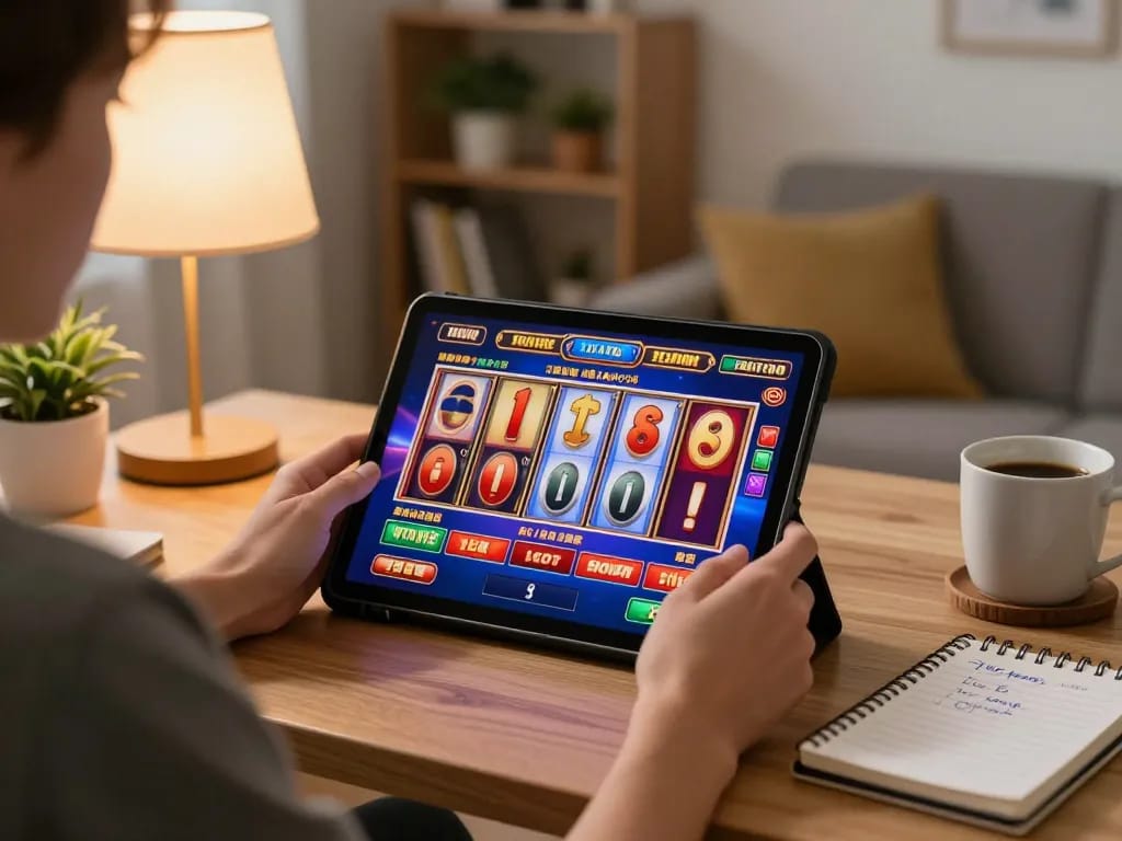 Pemain yang terlibat memutar gulungan slot online di tablet, menampilkan pengaturan permainan di rumah