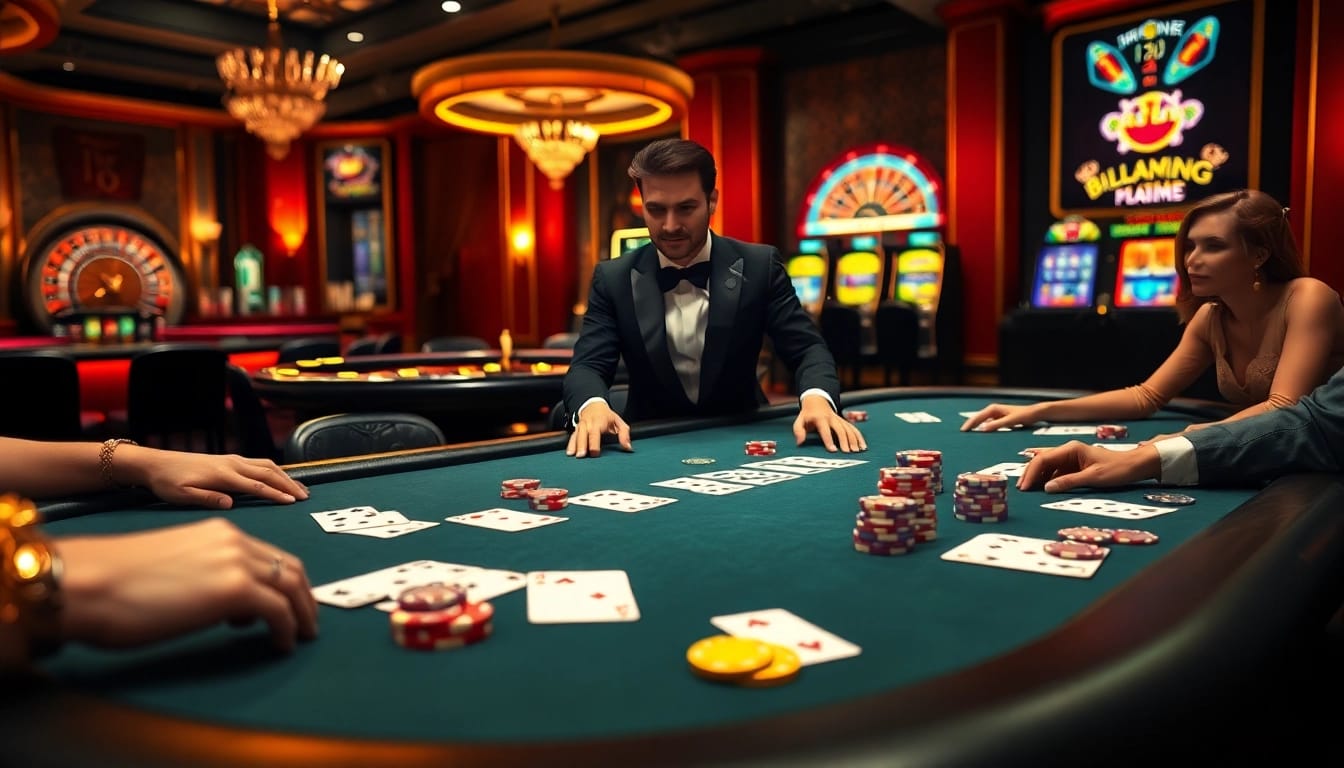 Players engaged in a thrilling game with poker chips and cards at the tg88 sale casino.