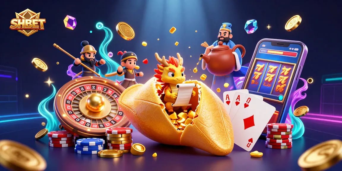 Experience the thrill of SHBET with an exhilarating 3D casino scene featuring golden treasures and dynamic characters.