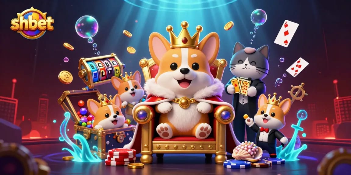 shbet offers a vibrant scene of a royal corgi on its throne amid thrilling casino elements like slot reels.