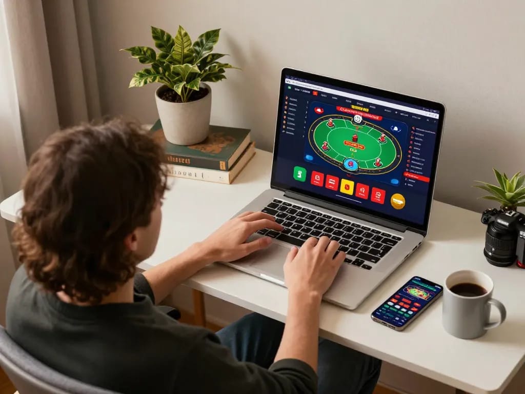Engaging in online gambling at home, ATQ gaming setup showing poker interface and strategy notes.