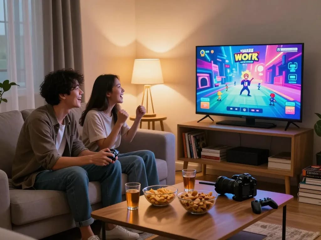 Social gaming experience featuring free porn games with friends in a cozy living room