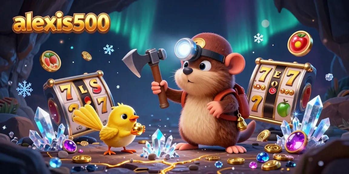 Engage in thrilling slots action at alexis500 with vibrant slot reels and a whimsical treasure hunter scene.