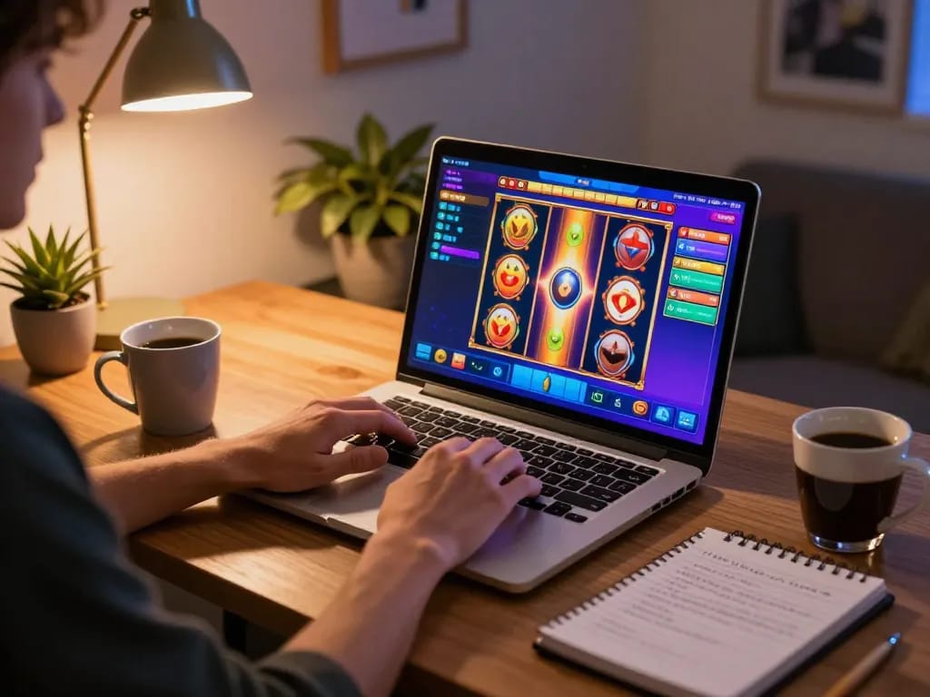 Engaging with thrilling slot online game on laptop at cozy home office.