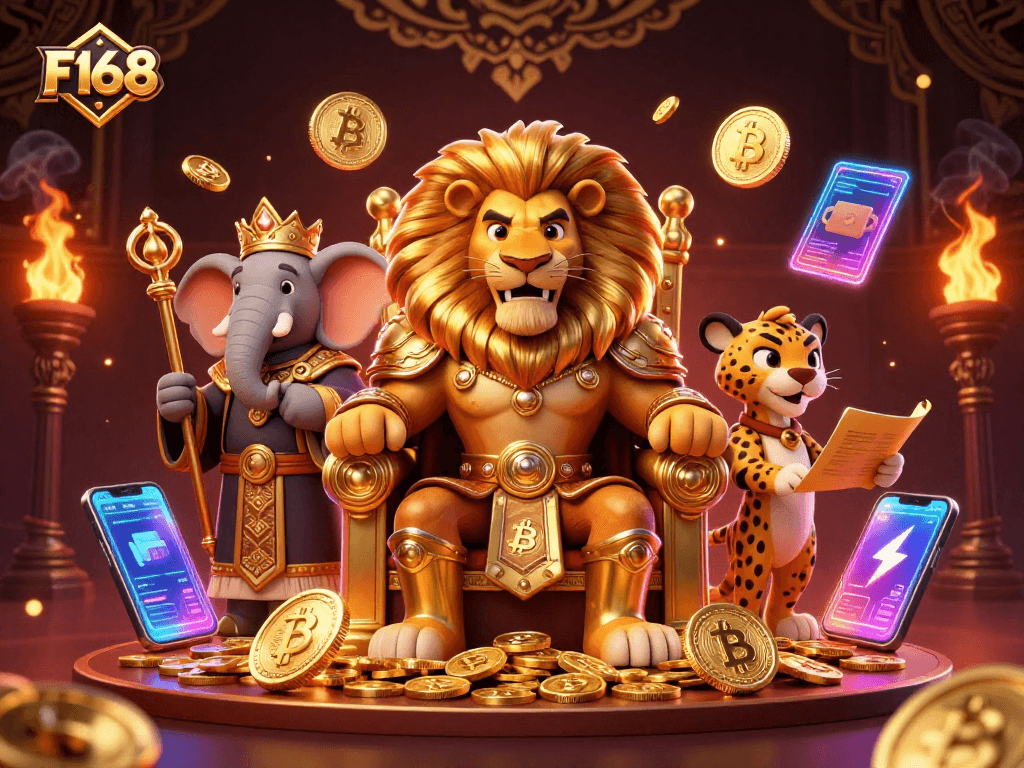 F168 players experience a luxurious online casino environment with a regal lion and vibrant game symbols.