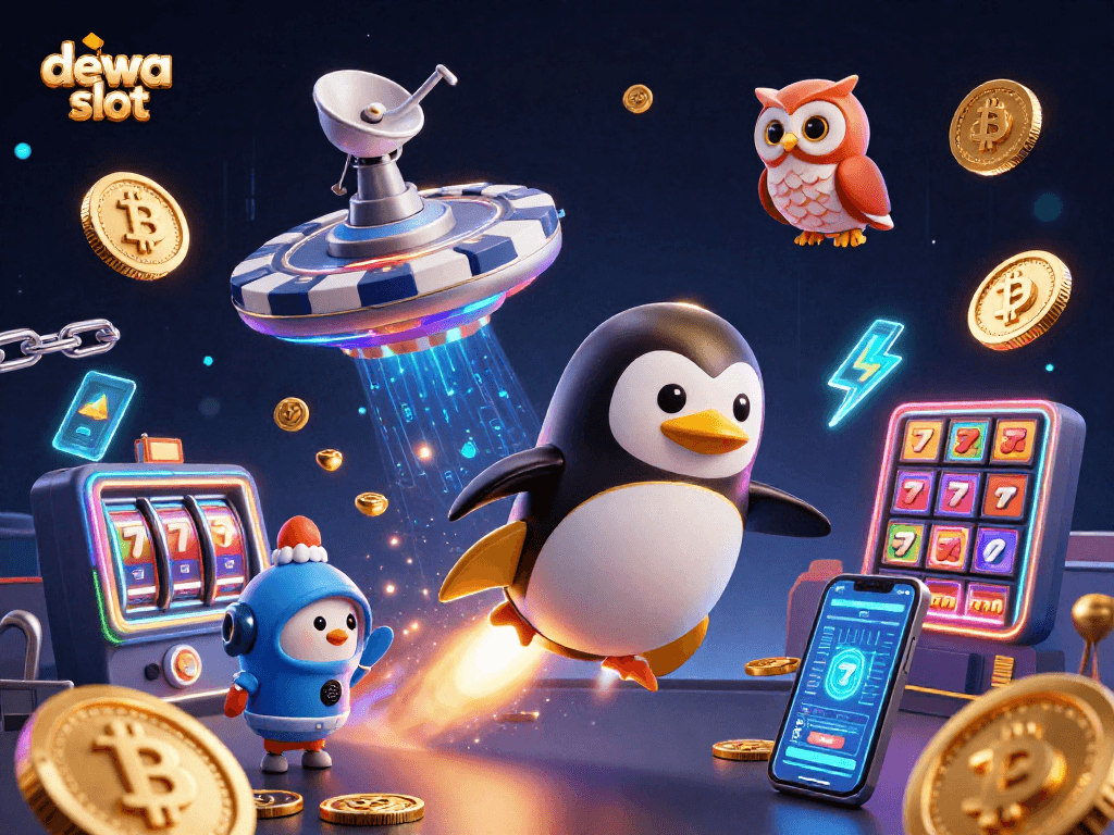 Experience the excitement of dewa slot with a 3D penguin in space, winning big with jackpots and coins.