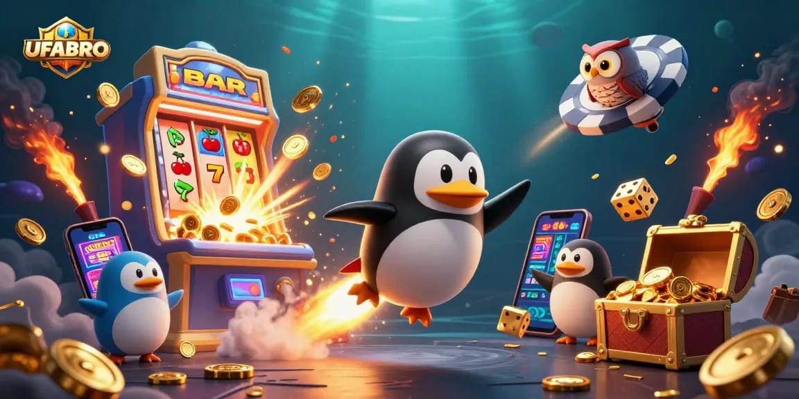 Win big at UFABRO as the golden penguin rockets through a cosmic casino adventure filled with jackpots and excitement.