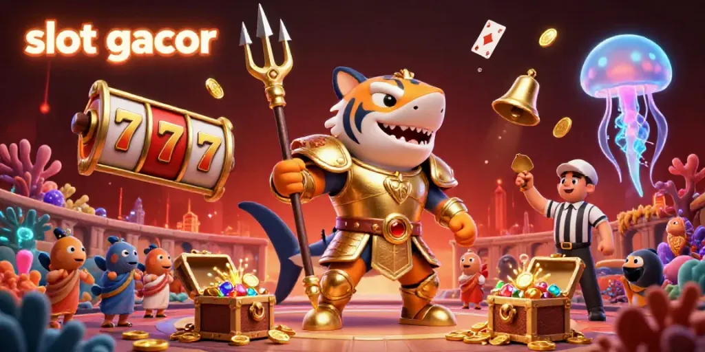 Experience the thrill of slot gacor with a dynamic underwater colosseum illustration featuring vibrant casino symbols.