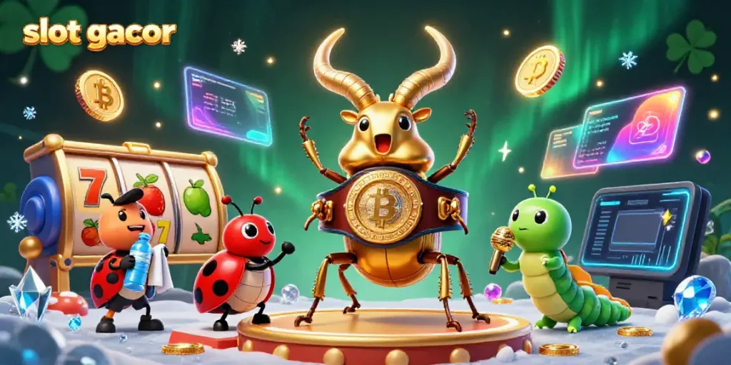 Engage with the vibrant slot gacor scene featuring a golden stag beetle champion among casino symbols.
