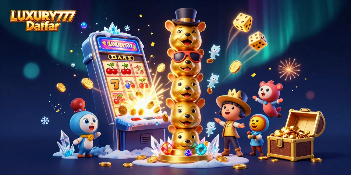 Grafik LUXURY777 Daftar yang menggambarkan slot jackpot dan simbol beruntun dalam suasana kasino yang cerah.