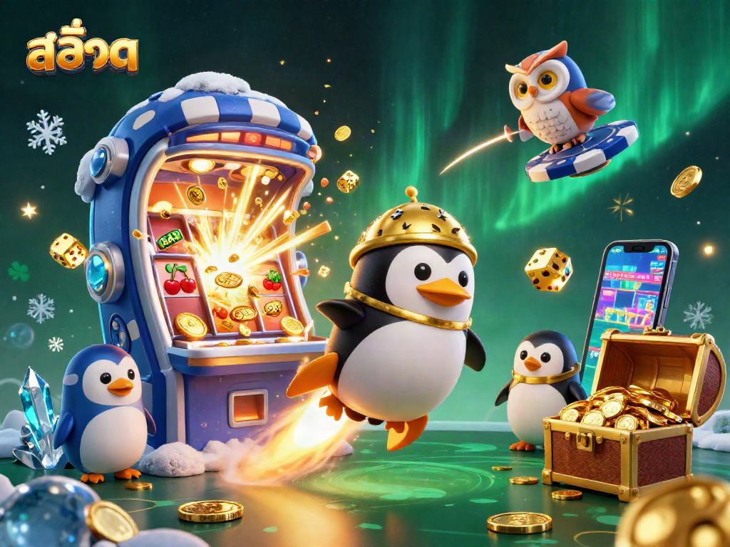 Experience the excitement of สล็อต with a golden penguin and explosive jackpot action in a dynamic casino scene.