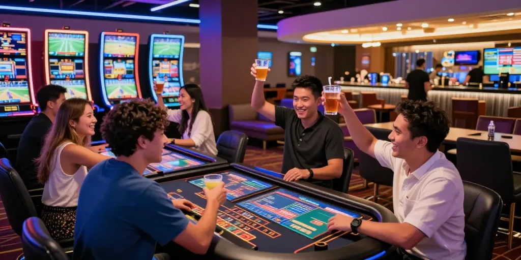 Exciting gaming environment at lotus365 casino with players enjoying vibrant tables and neon lights.