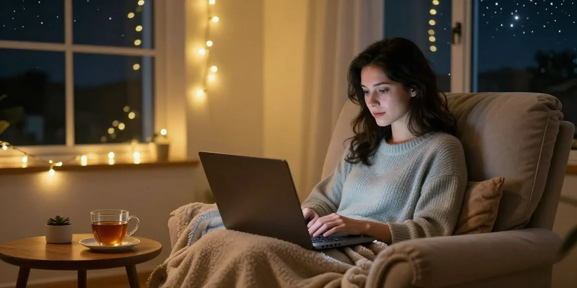 A person enjoying an AI girlfriend experience on their laptop in a cozy, intimate setting with warm lighting.