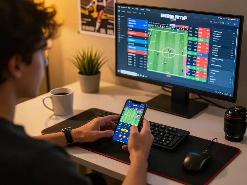 Engaging in mobile sports betting with ทางเข้า m119 displayed on the app interface and warm ambiance