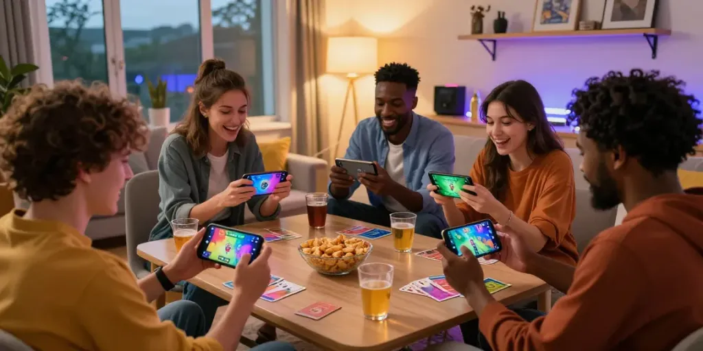 Exciting multiplayer gaming session of 3 Patti No1 with friends in a cozy living room.