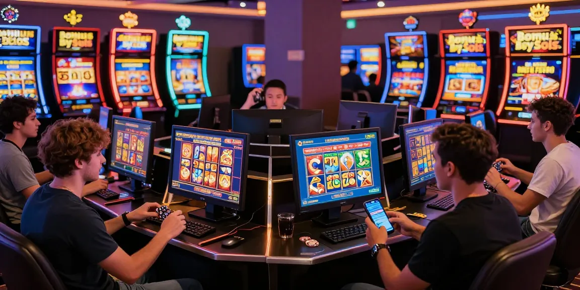 Exciting bonus buy slots at chagency.co.uk scene showing diverse players engaging with vibrant online slot machines in a lively casino.