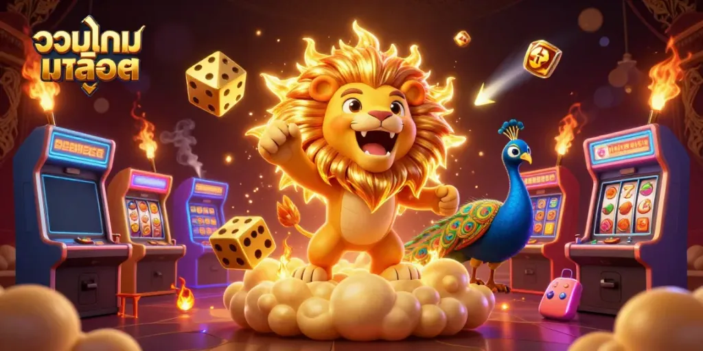 A dynamic scene showcasing รวมเกมสล็อต with a roaring sun lion, slot machines, and colorful gaming elements.
