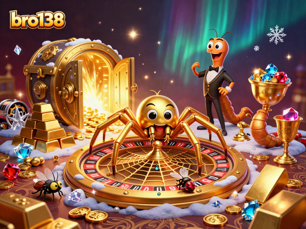 Experience thrilling gameplay at bro138 with a captivating golden spider and roulette wheel scene.