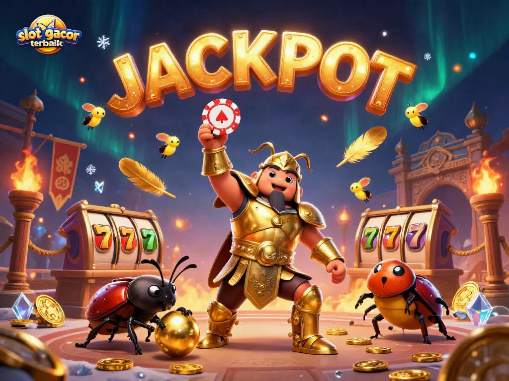 Slot gacor terbaik: Kemenangan epik pertempuran kasino dengan karakter lucu dan simbol slot di tengah arena.