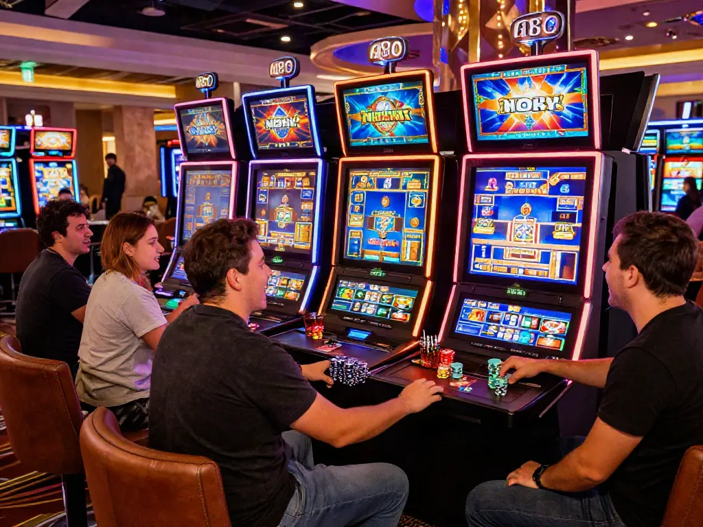 A80 vibrant casino gaming scene with players enjoying slot machines in an inviting atmosphere.