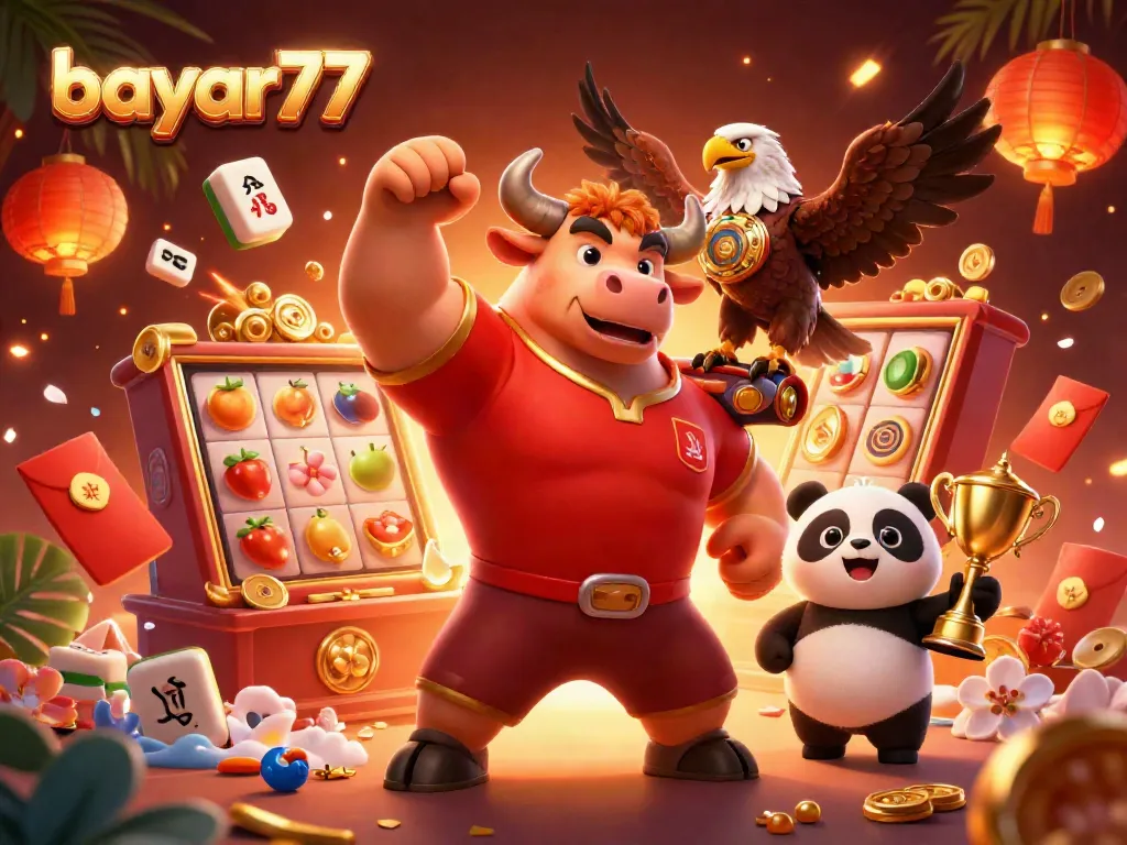 Experience thrilling gameplay with bayar77 as a bull mascot celebrates gaming success surrounded by festive casino elements.