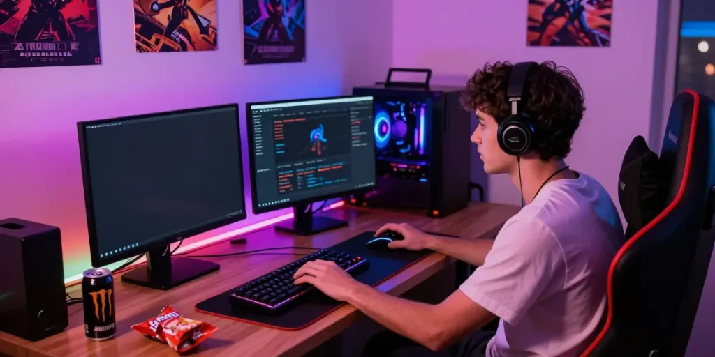 Gamer immersed in online gaming on akunjp platform in cozy room with vibrant lighting.