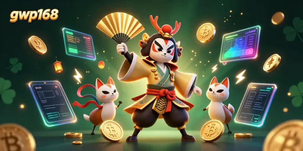 GWP168 menghadirkan ilustrasi kasino virtual dengan karakter animasi dan elemen crypto yang menakjubkan