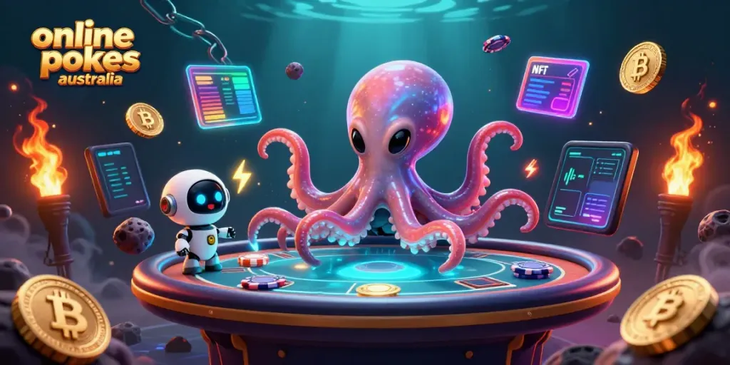 Engage with online pokies Australia in this vibrant 3D alien casino scene featuring an octopus and a robot.