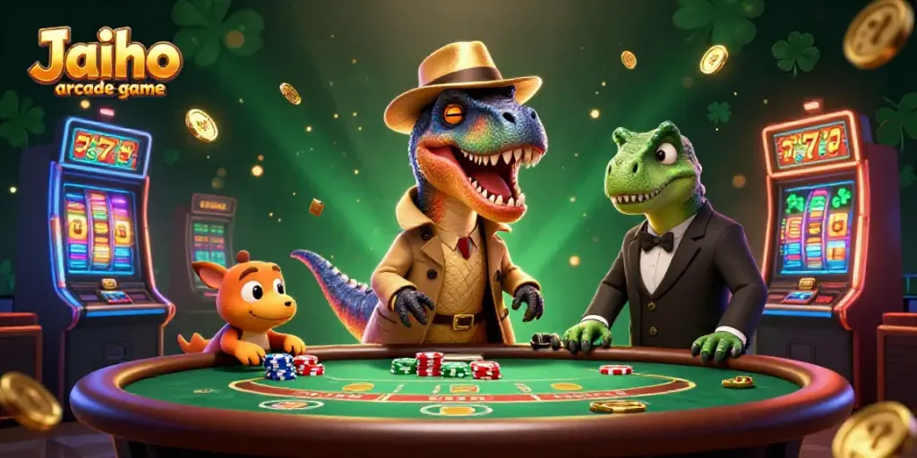 Experience thrilling gameplay with Jaiho arcade game as the velociraptor slyly plays blackjack amidst explosive slot machine action.