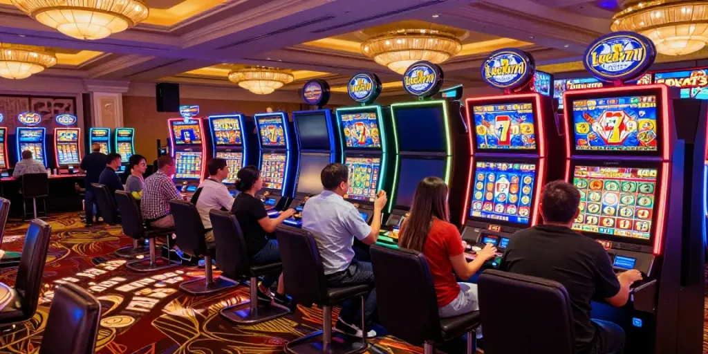 Exciting Lucky777 casino scene with players at slot machines and vibrant atmosphere.