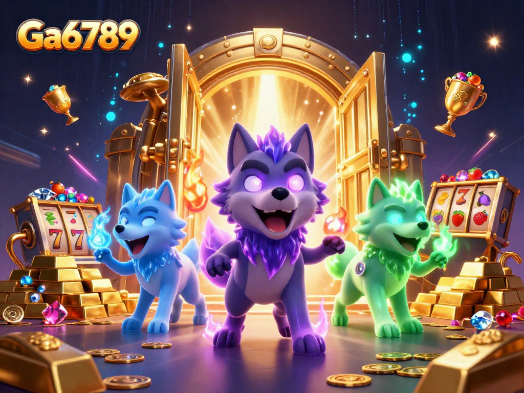 Engage in Ga6789 casino adventure with dynamic 3D wolves and vibrant treasures.