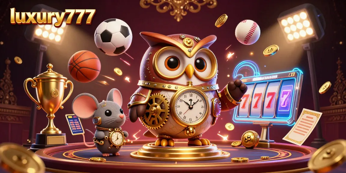Permainan jackpot luxury777 yang mendebarkan dengan karakter burung hantu pelancong waktu dan elemen kasino interaktif, energik.