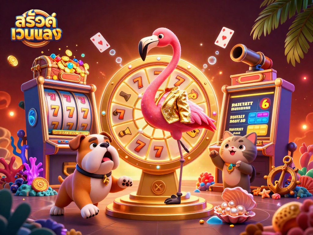Spin and win with สล็อตเว็บตรง in this vibrant 3D casino illustration featuring colorful game elements.