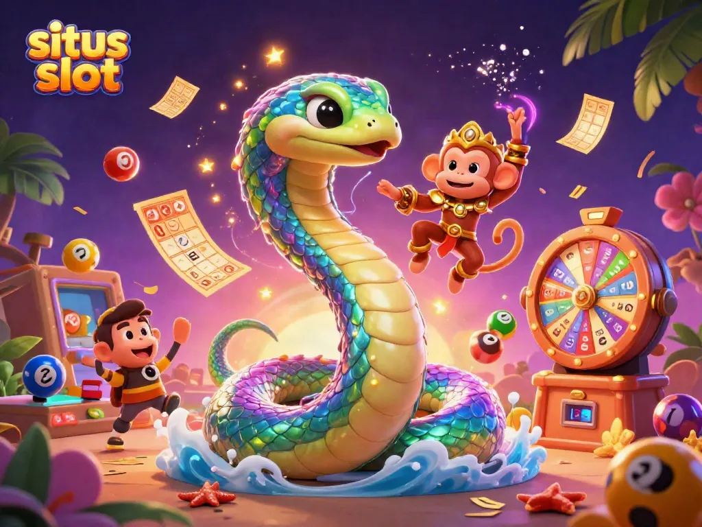 Slot online situs slot dengan karakter kartun dan elemen permainan berwarna-warni, menciptakan suasana magis.