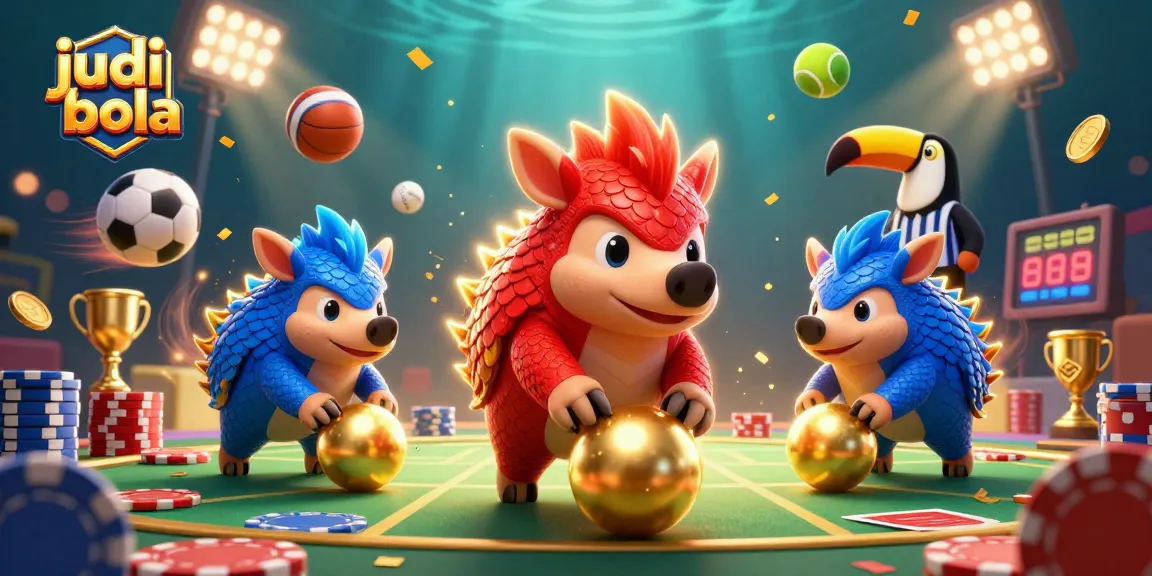 Engage in judi bola excitement with vibrant pangolins and dynamic sports elements in a 3D scene.