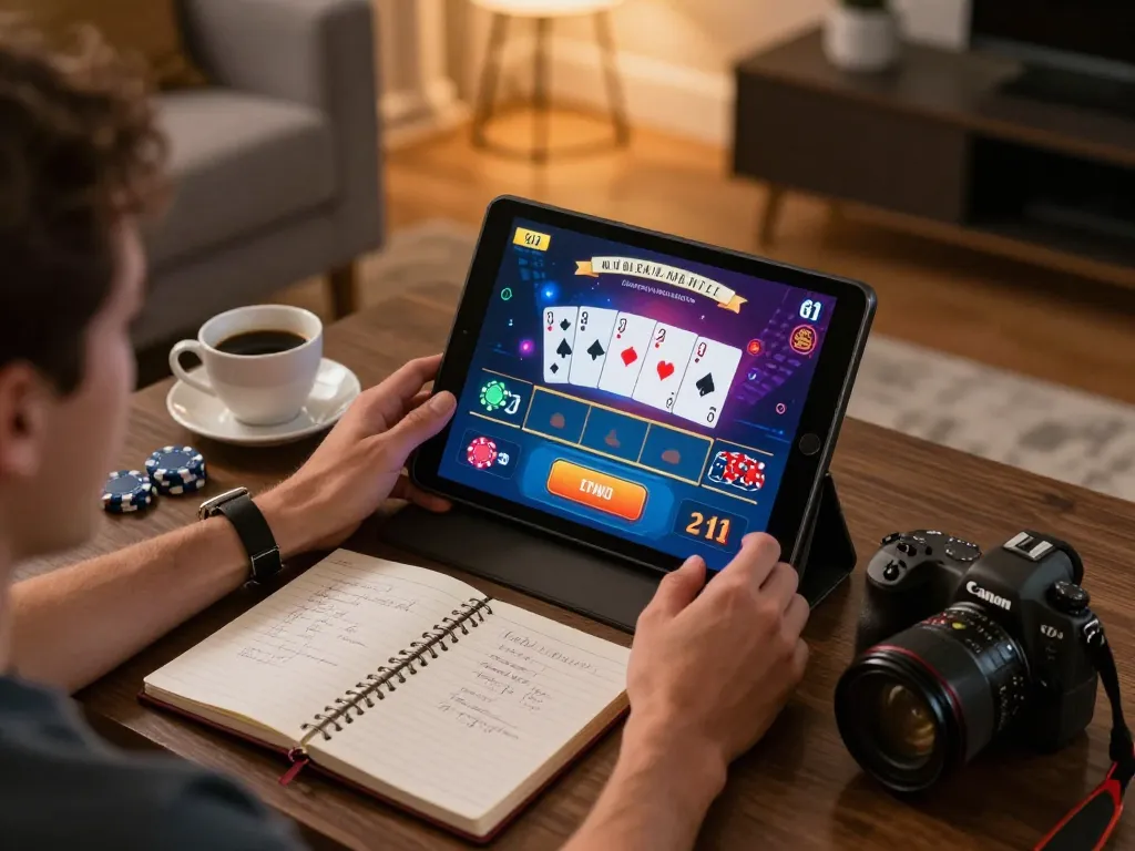 F8BET player enjoying live dealer action at home, tablet displaying engaging blackjack game, cozy setting.