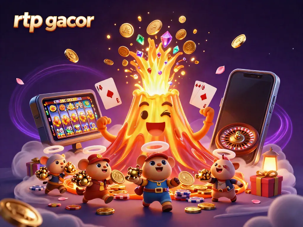 Menggali rtp gacor dengan karakter kartun unik dan mesin slot berwarna-warni dalam ilustrasi 3D.