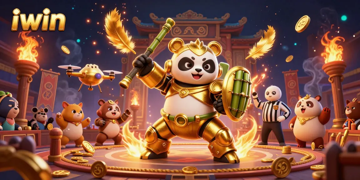 Experience the thrill of iwin in a vibrant casino arena featuring a golden panda battling in style.