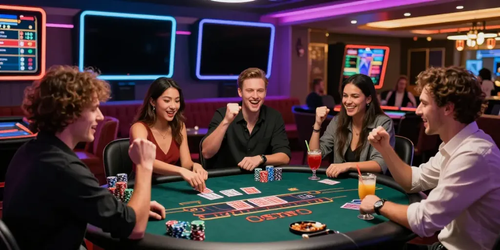 Exciting gaming moment at A80 website blackjack table with friends celebrating a win.