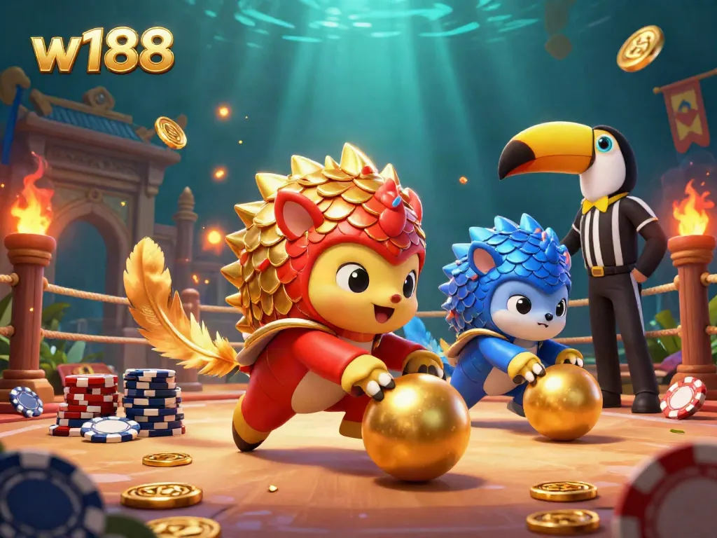 Engage in thrilling gameplay with w188, featuring rival pangolins rolling through golden balls and poker chips.