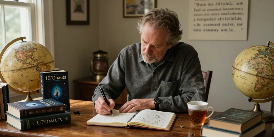 T. Allen Greenfield writing in cozy study at https://tallengreenfield.com, surrounded by spiritual books and notes.