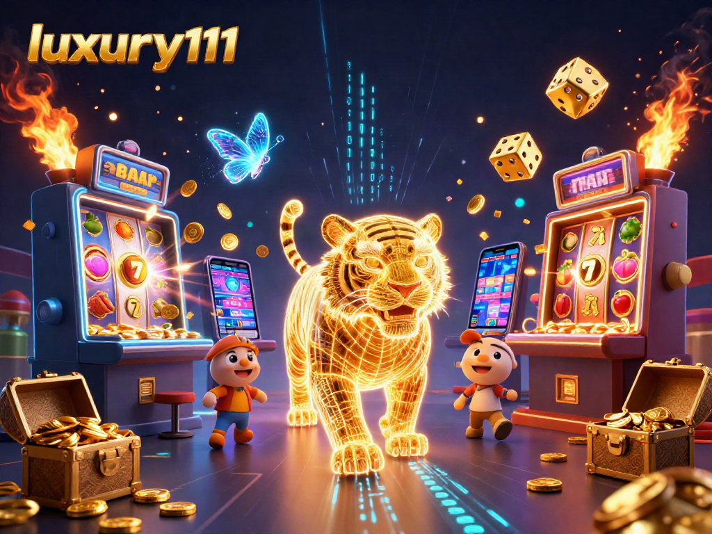 Experience luxury111 with a vibrant casino scene of slot machines and a glowing tiger.