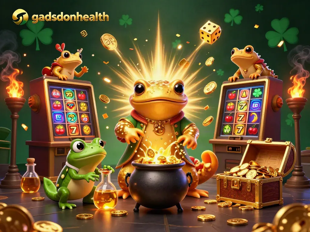 Gadsdenhealth menampilkan mesin slot yang memancarkan koin emas dan simbol keberuntungan di sekitar alkemis