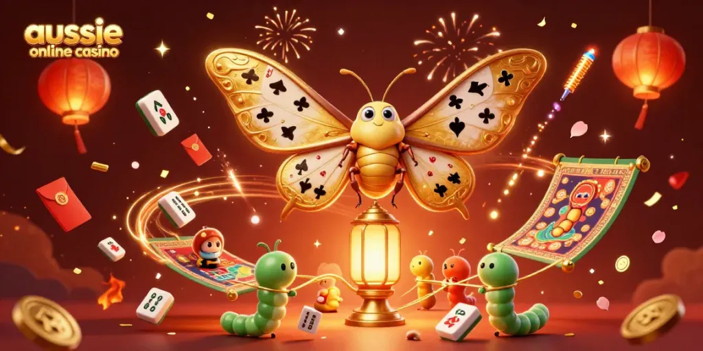A dynamic illustration of aussie online casino elements featuring a golden-winged atlas moth and festive motifs
