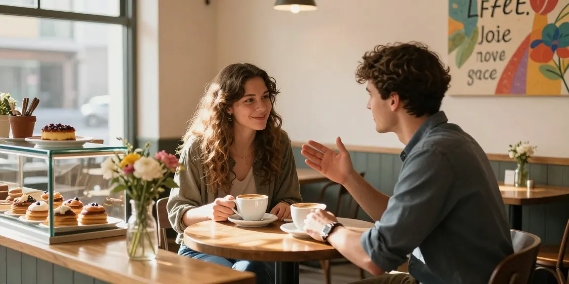 A couple sharing a laugh over coffee, conveying a crush on each other in a cozy café setting.